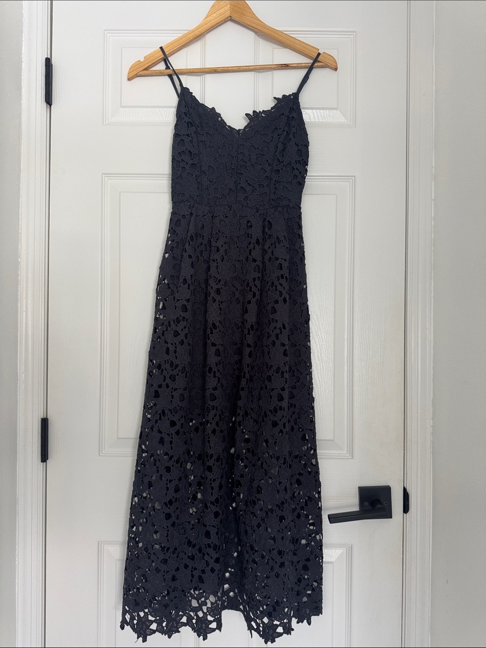 Astr Navy Blue Crochet Midi Dress with Spaghetti Straps